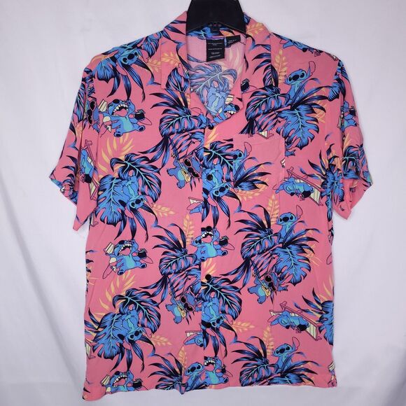 Disney Stitch Hawaiian Shirt Mens Medium Pink Floral Tropical - Picture 1 of 10